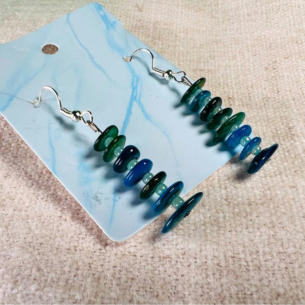Blue And Green Stacked Stone Dangle Drop Earrings Seed Beads